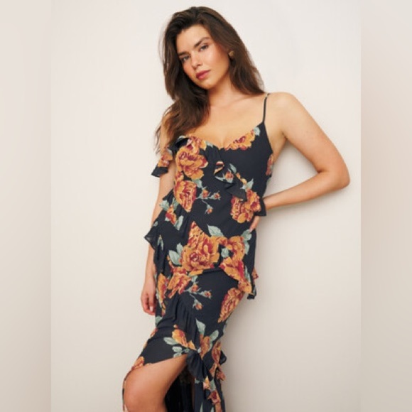 new Reformation Elysia floral print ruffle cascading gown in black orange - Picture 2 of 9